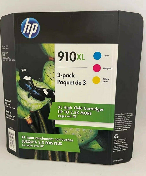 Genuine HP 910XL Color Ink Cartridge Cyan Magenta Yellow 3-Pack Exp 2022-2023